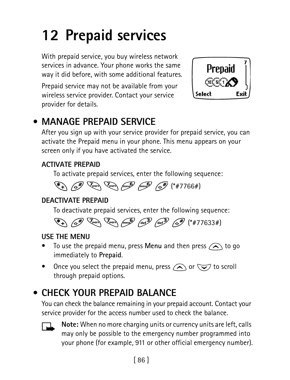 12 prepaid services, Manage prepaid service, Check your prepaid balance | Nokia 1260 User Manual | Page 93 / 129