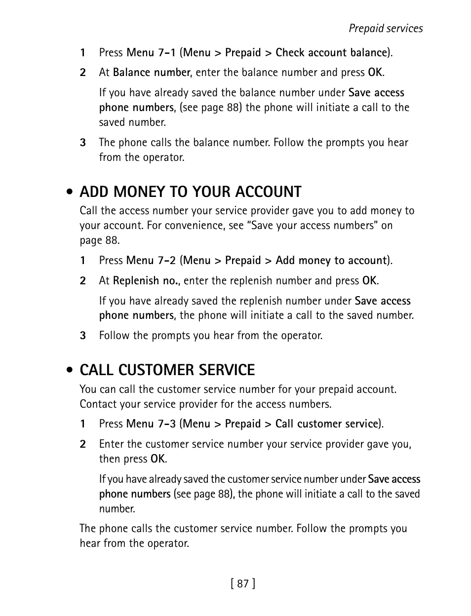 Add money to your account, Call customer service | Nokia 1260 User Manual | Page 94 / 129