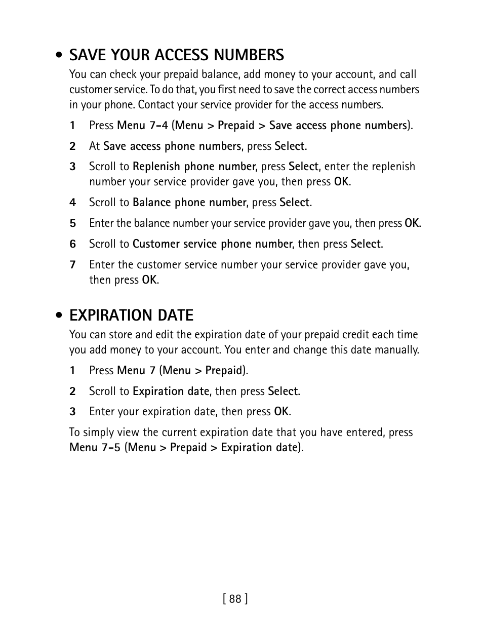 Save your access numbers, Expiration date | Nokia 1260 User Manual | Page 95 / 129