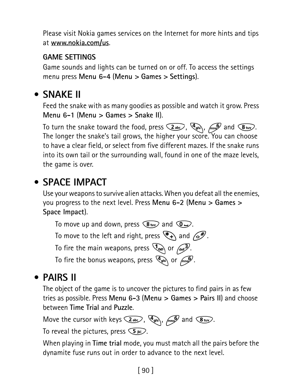 Snake ii, Space impact, Pairs ii | Nokia 1260 User Manual | Page 97 / 129