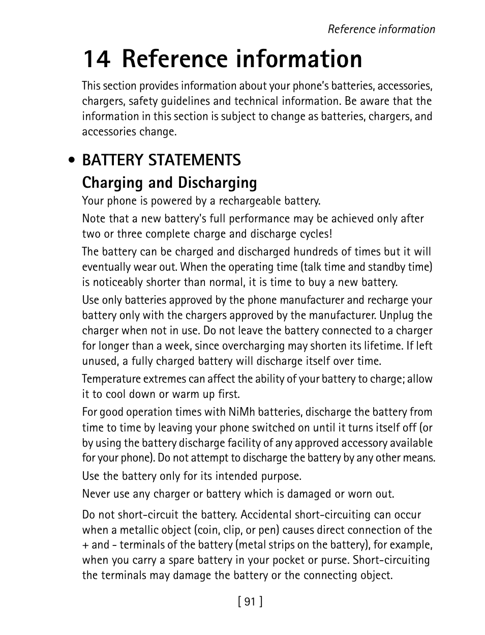 14 reference information, Battery statements, Battery statements charging and discharging | Nokia 1260 User Manual | Page 98 / 129