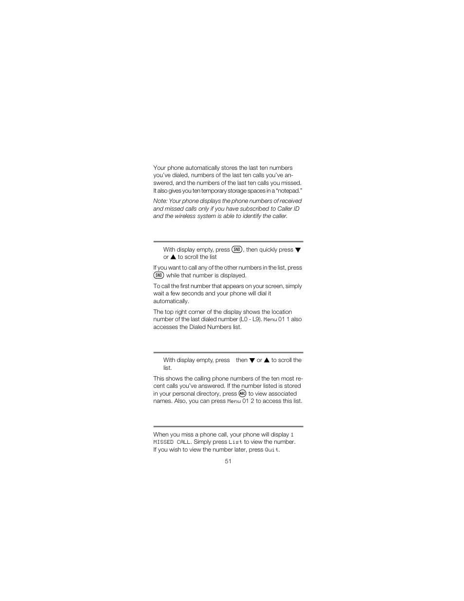 Temporary lists & call timers, Menu 01 1, dialed numbers, Menu 01 2, answered calls | Menu 01 3, missed calls | Nokia 2180 User Manual | Page 56 / 77