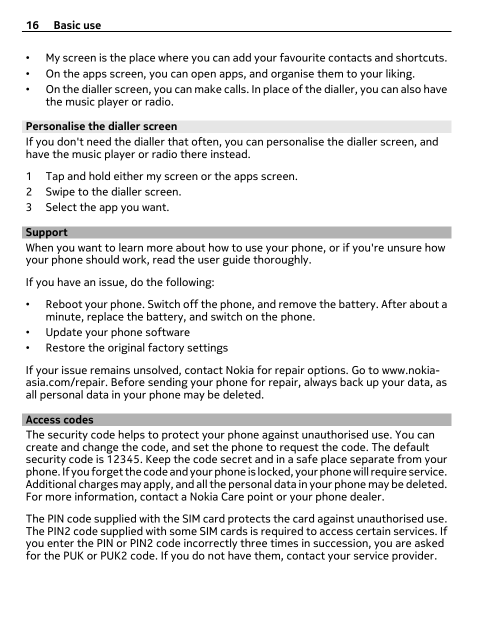 Personalise the dialler screen, Support, Access codes | Nokia 305 User Manual | Page 16 / 52