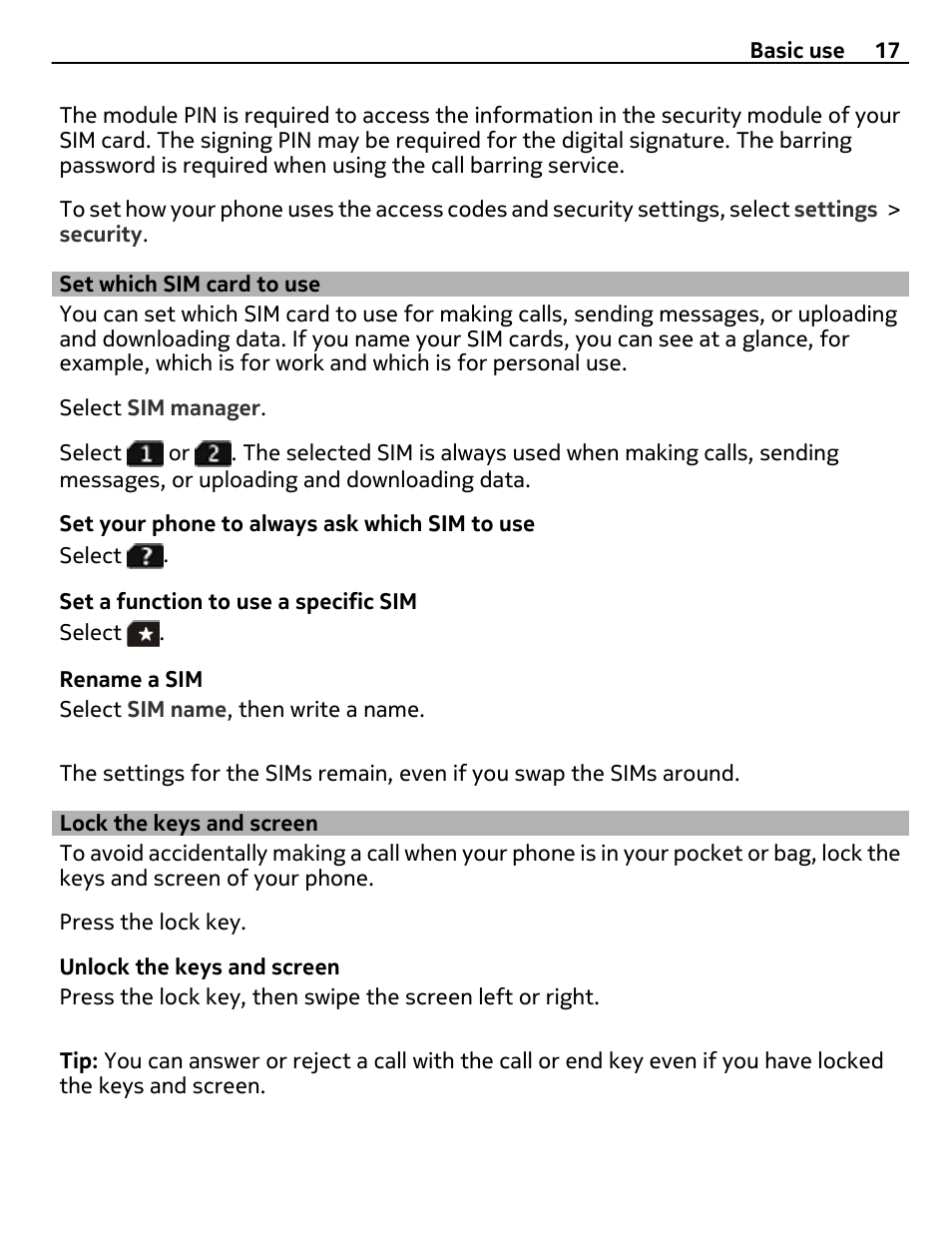 Set which sim card to use, Lock the keys and screen | Nokia 305 User Manual | Page 17 / 52