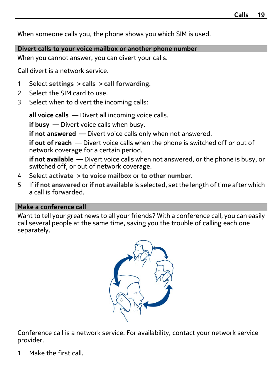 Make a conference call, Divert calls to your voice mailbox or, Another phone number | Nokia 305 User Manual | Page 19 / 52