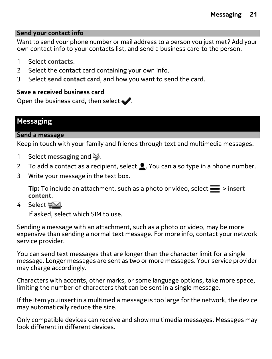Send your contact info, Messaging, Send a message | Nokia 305 User Manual | Page 21 / 52