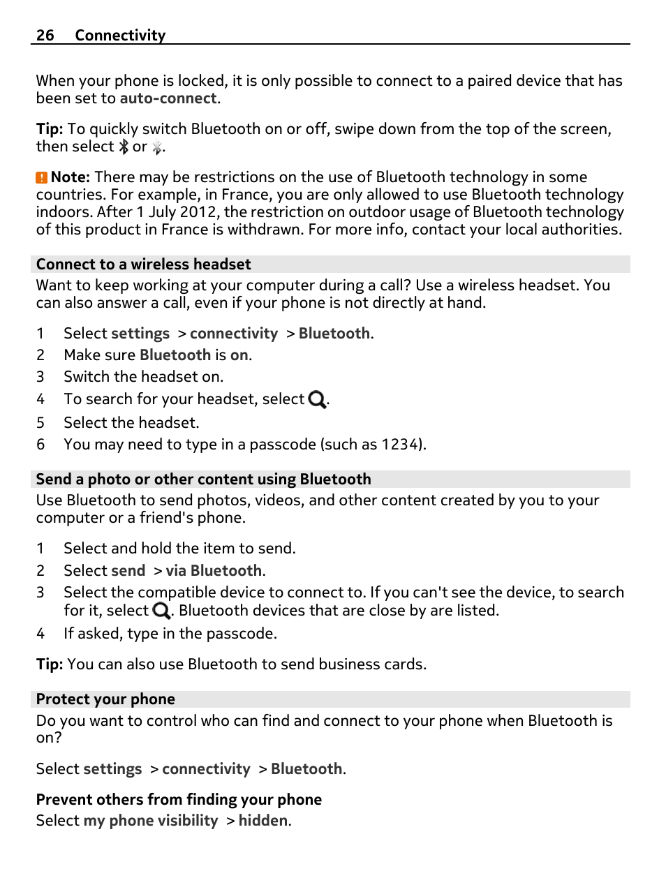 Connect to a wireless headset, Send a photo or other content using bluetooth, Protect your phone | Nokia 305 User Manual | Page 26 / 52