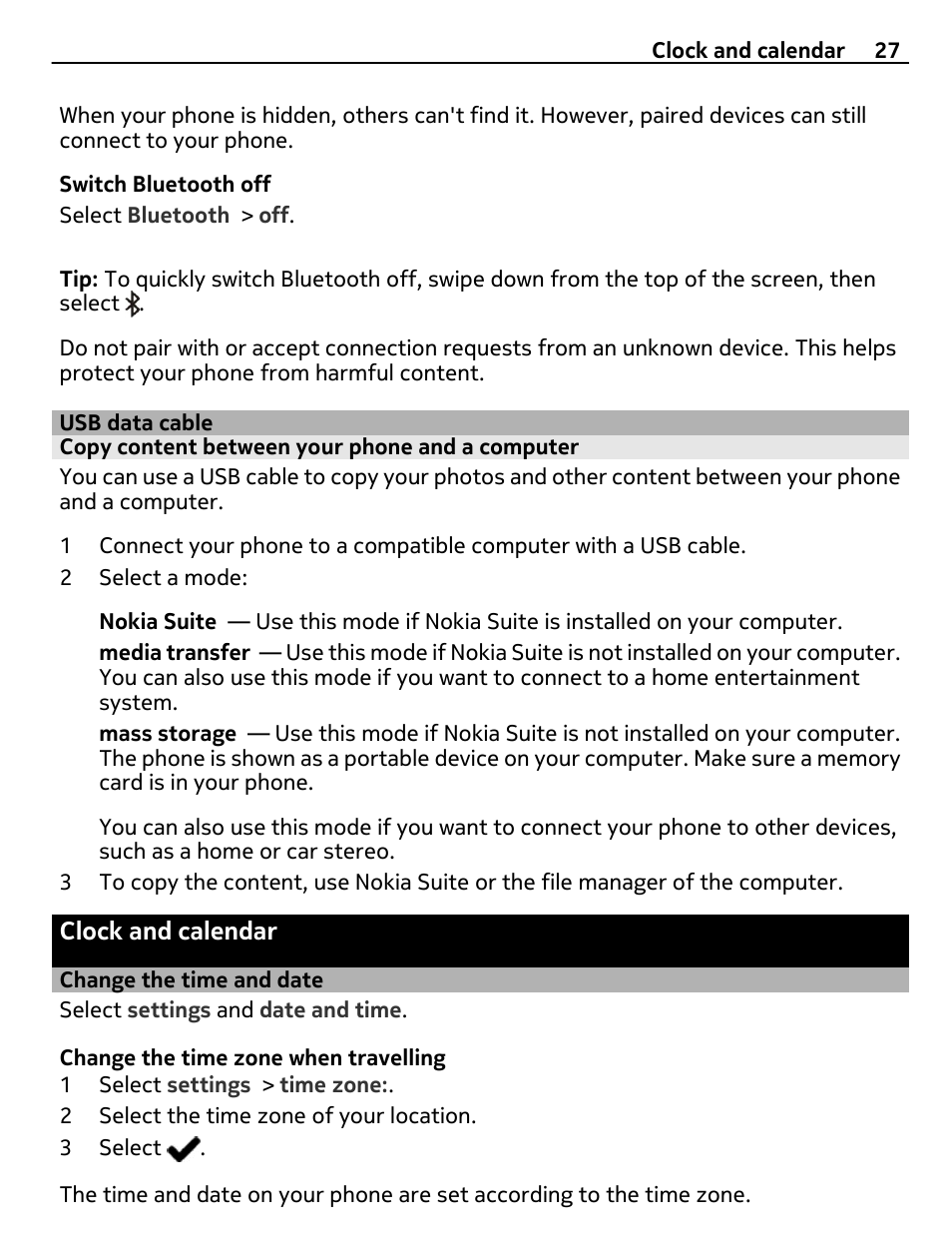 Usb data cable, Copy content between your phone and a computer, Clock and calendar | Change the time and date | Nokia 305 User Manual | Page 27 / 52