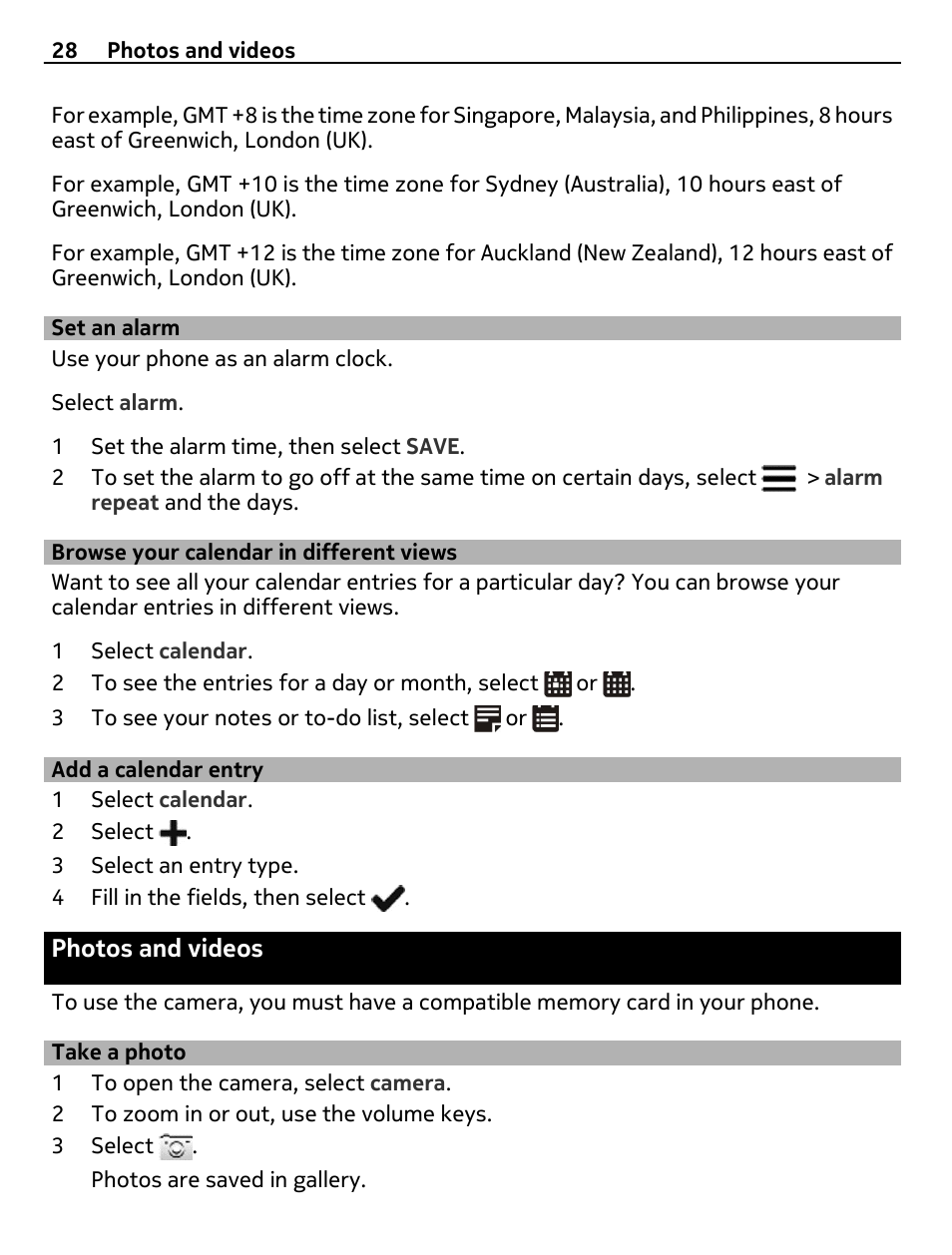 Set an alarm, Browse your calendar in different views, Add a calendar entry | Photos and videos, Take a photo, Browse your calendar in different, Views | Nokia 305 User Manual | Page 28 / 52
