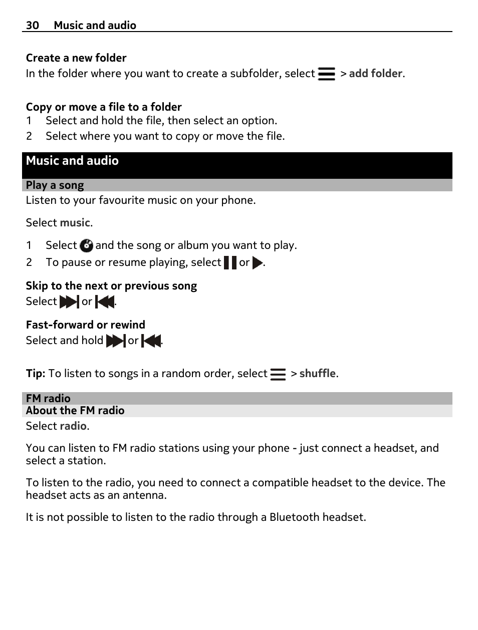 Music and audio, Play a song, Fm radio | About the fm radio | Nokia 305 User Manual | Page 30 / 52