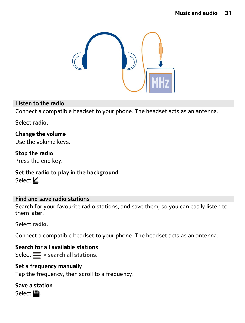 Listen to the radio, Find and save radio stations | Nokia 305 User Manual | Page 31 / 52
