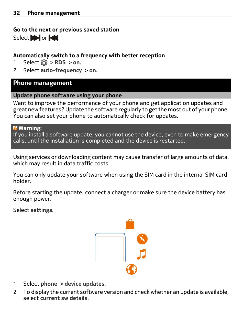 Phone management, Update phone software using your phone, Update phone software using your | Phone | Nokia 305 User Manual | Page 32 / 52