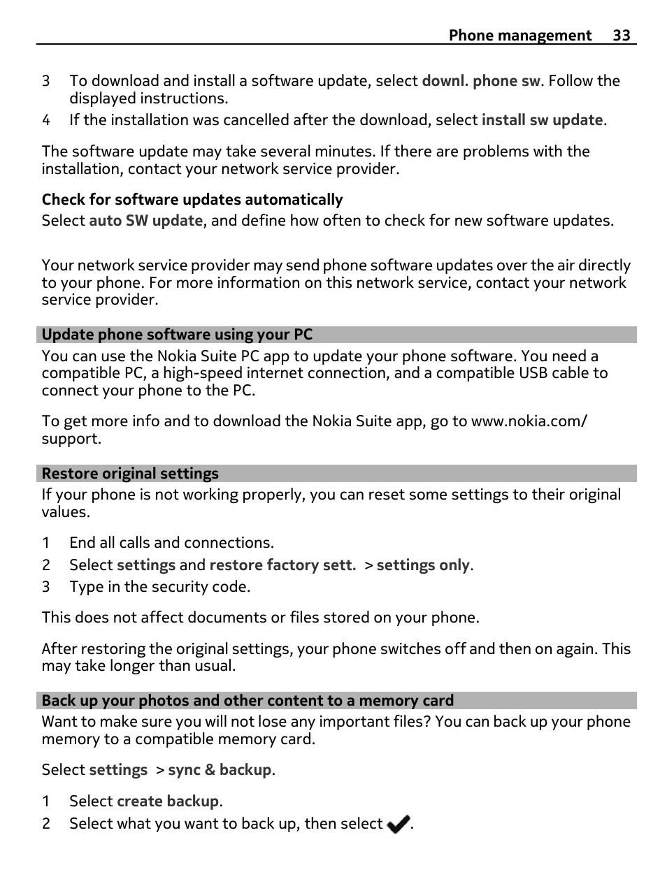 Update phone software using your pc, Restore original settings, Update phone software using your | Back up your photos and other, Content to a memory card | Nokia 305 User Manual | Page 33 / 52