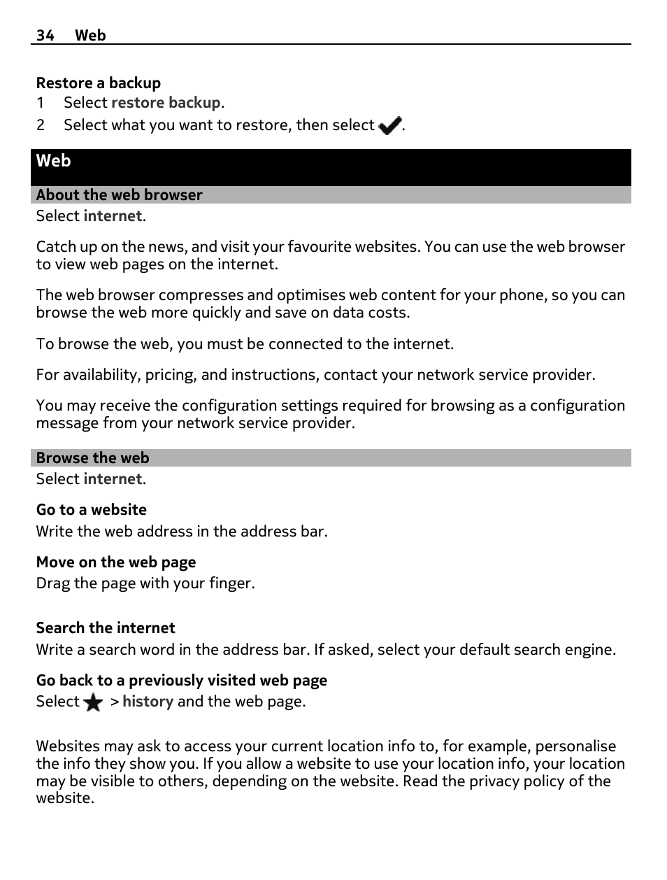 About the web browser, Browse the web | Nokia 305 User Manual | Page 34 / 52