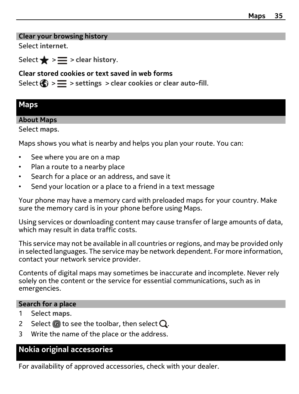 Clear your browsing history, Maps, About maps | Search for a place, Nokia original accessories | Nokia 305 User Manual | Page 35 / 52