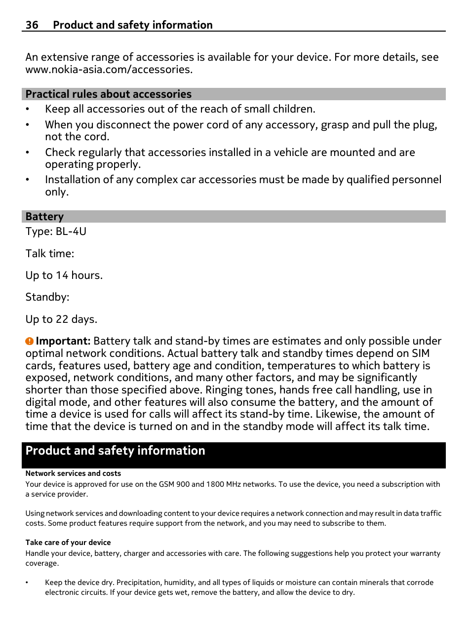 Practical rules about accessories, Battery, Product and safety information | Network services and costs, Take care of your device | Nokia 305 User Manual | Page 36 / 52