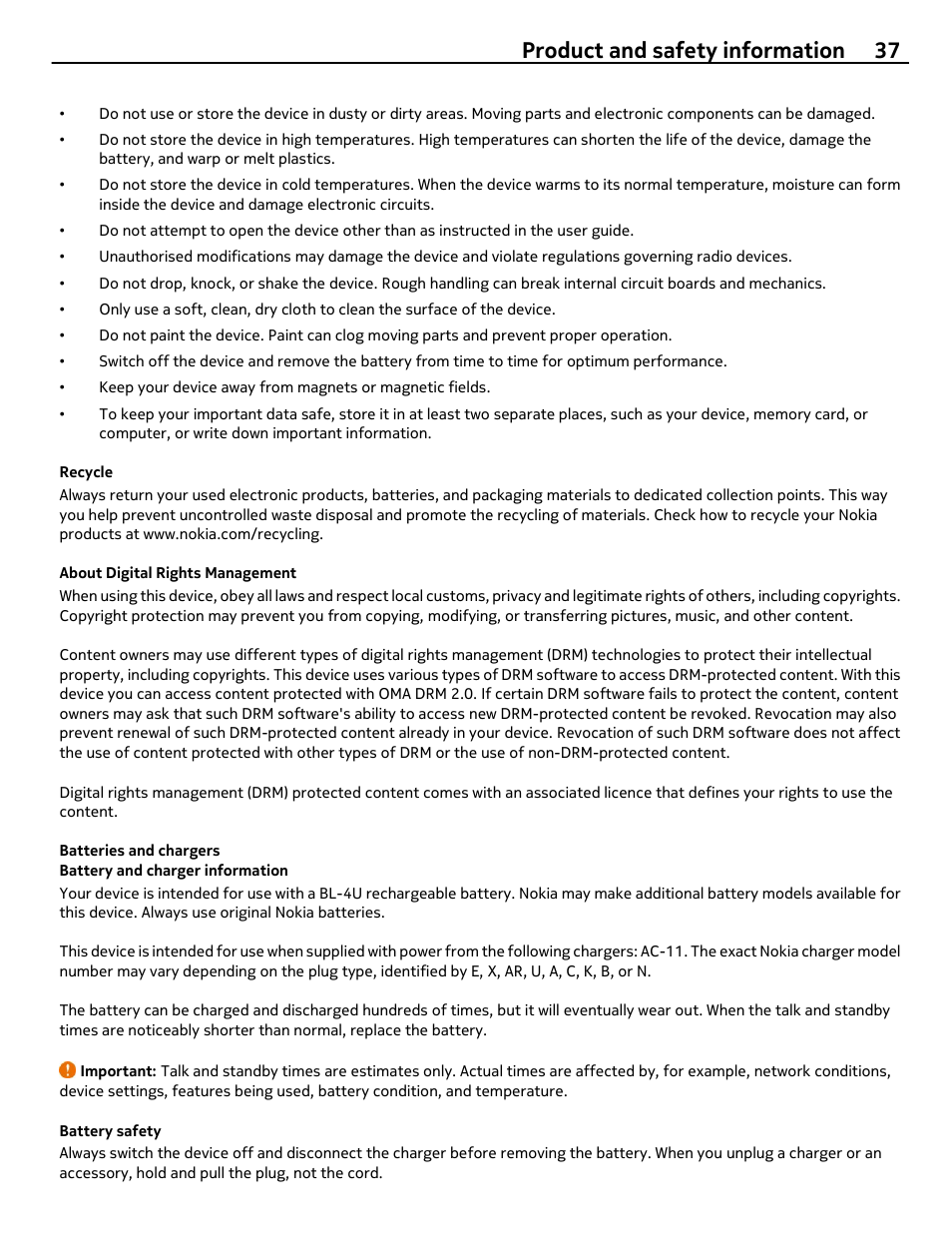 Recycle, About digital rights management, Batteries and chargers | Battery and charger information, Battery safety, Product and safety information 37 | Nokia 305 User Manual | Page 37 / 52