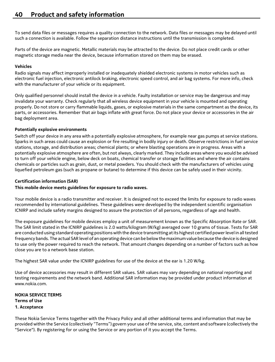 Vehicles, Potentially explosive environments, Certification information (sar) | Nokia service terms, Terms of use, 40 product and safety information | Nokia 305 User Manual | Page 40 / 52