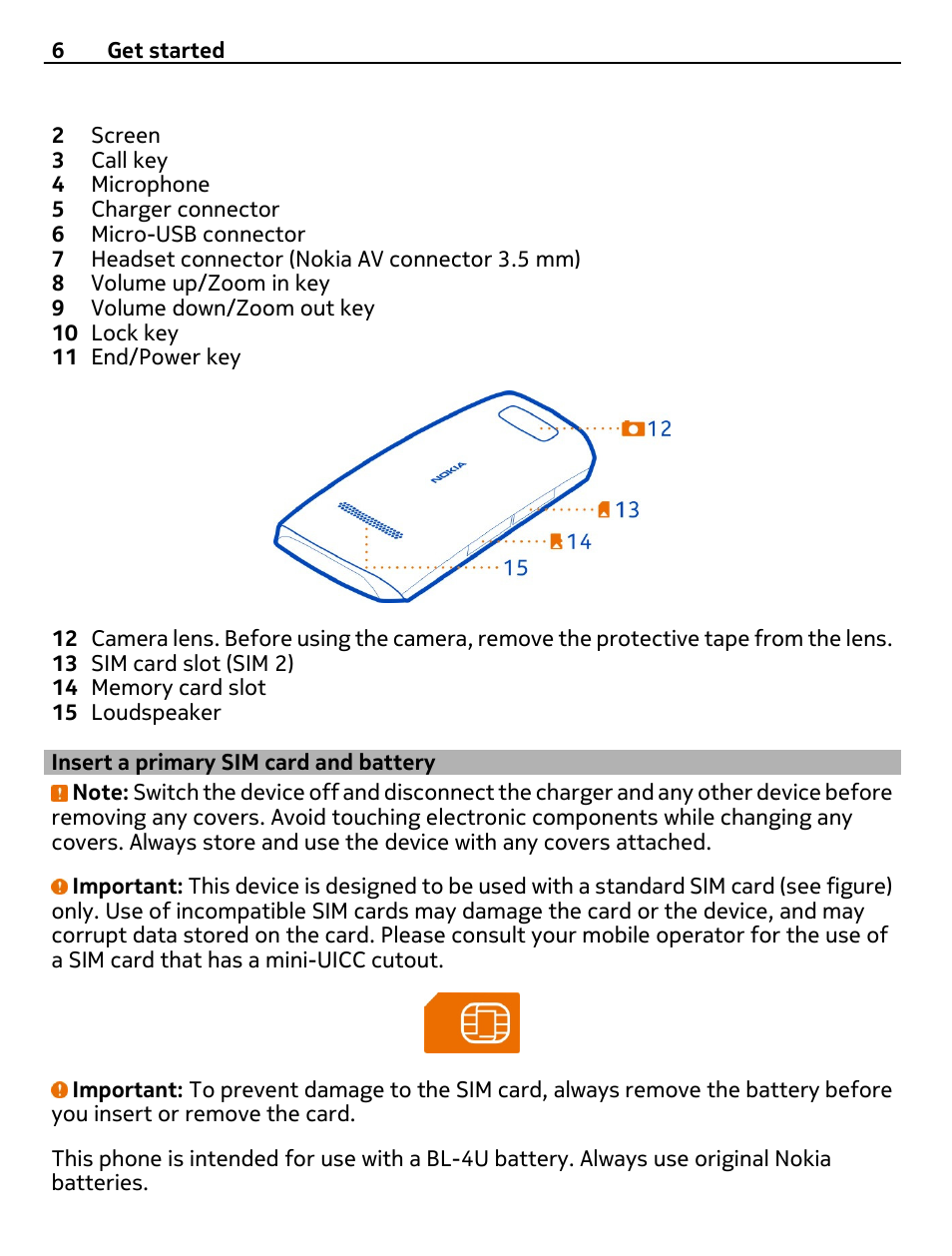 Insert a primary sim card and battery, Insert a primary sim card and, Battery 6 | Nokia 305 User Manual | Page 6 / 52