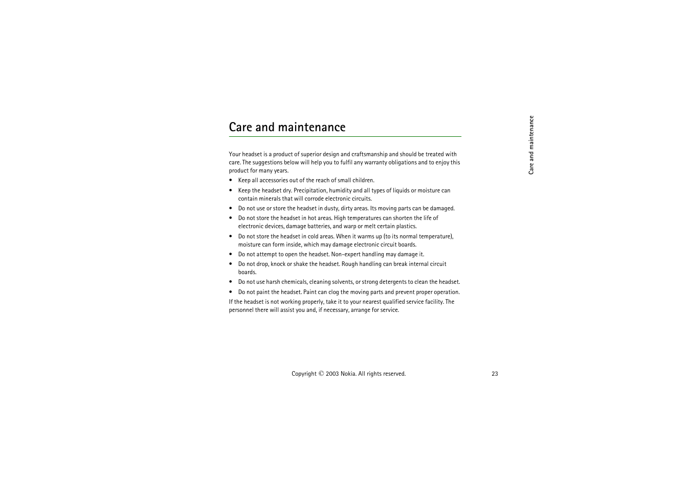 Care and maintenance | Nokia HDW 2 User Manual | Page 23 / 23