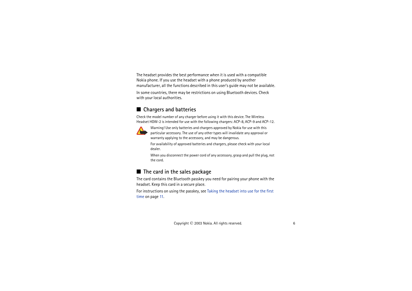 Chargers and batteries, The card in the sales package | Nokia HDW 2 User Manual | Page 6 / 23