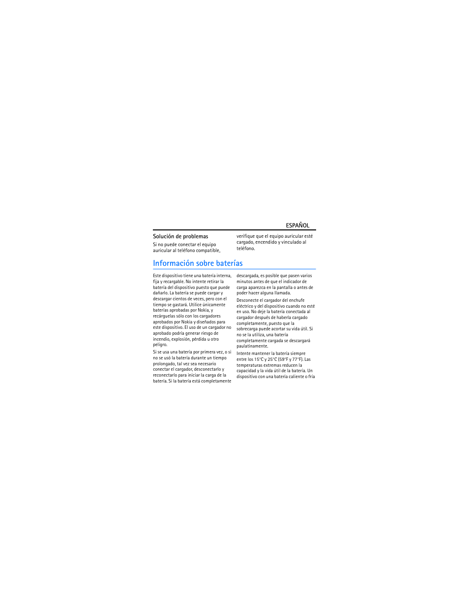 Solución de problemas, Información sobre baterías | Nokia BH-102 User Manual | Page 18 / 45