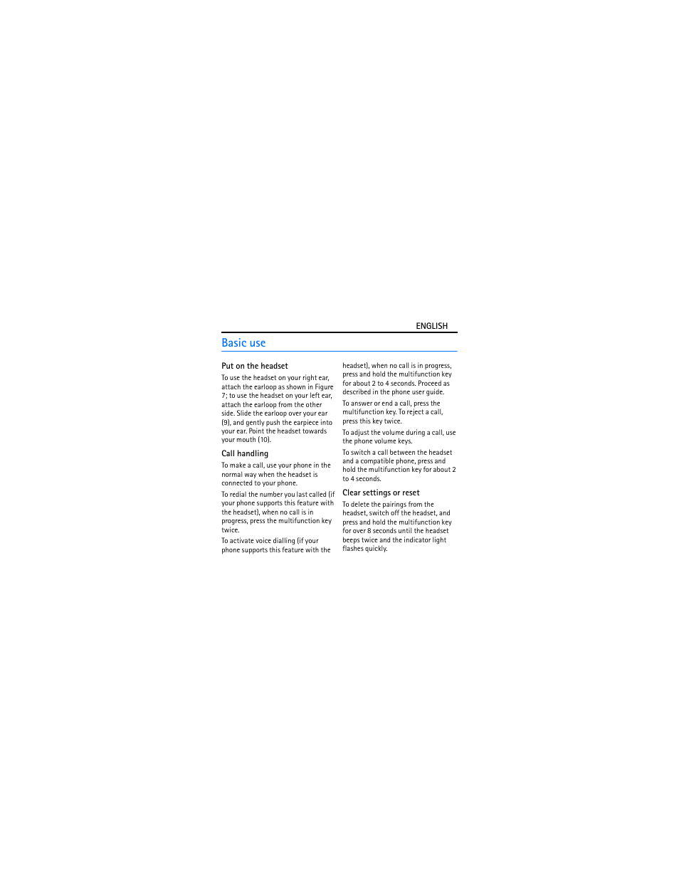 Basic use, Put on the headset, Call handling | Clear settings or reset | Nokia BH-102 User Manual | Page 6 / 45