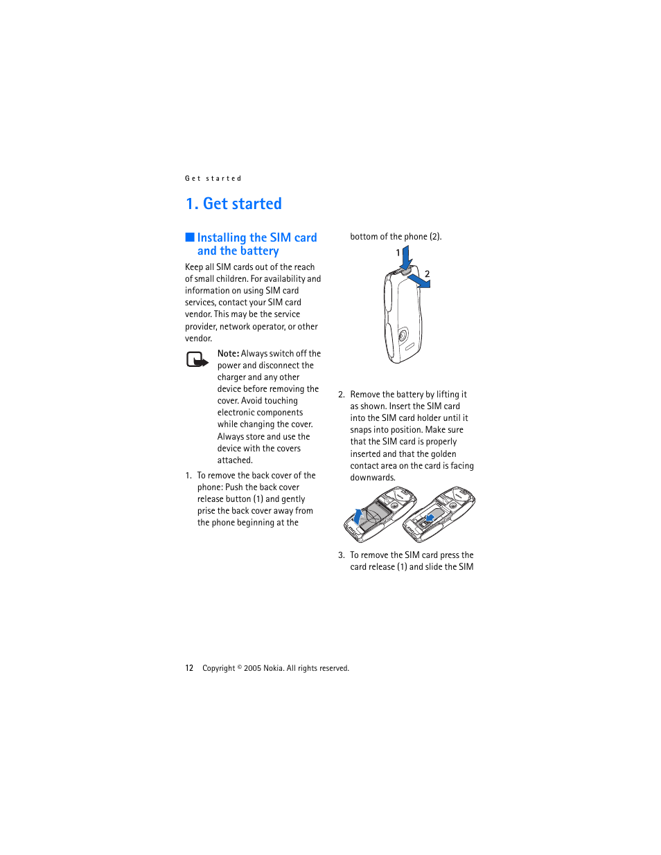 Get started, Installing the sim card and the battery | Nokia 3220 User Manual | Page 12 / 87
