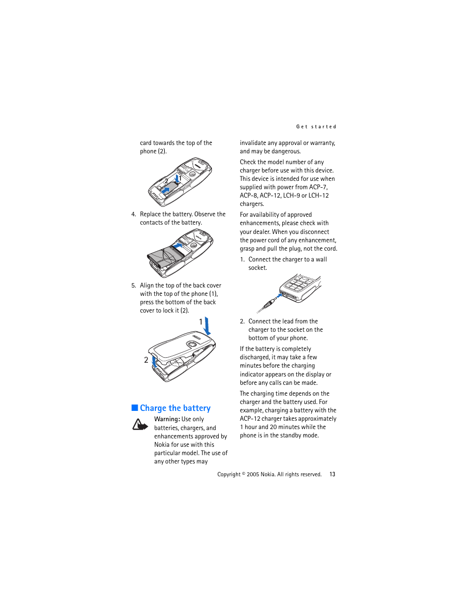 Charge the battery | Nokia 3220 User Manual | Page 13 / 87