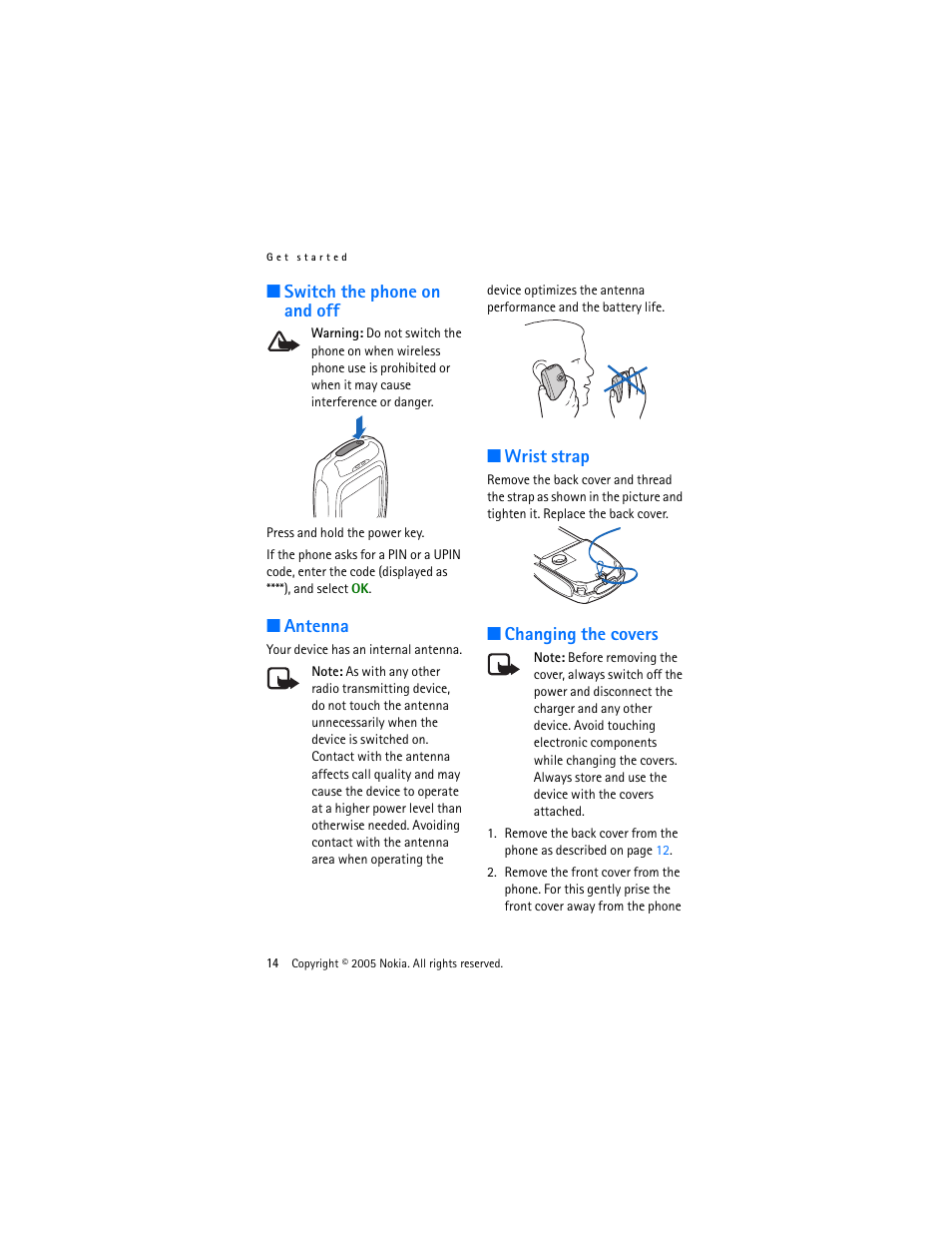 Switch the phone on and off, Antenna, Wrist strap | Changing the covers | Nokia 3220 User Manual | Page 14 / 87