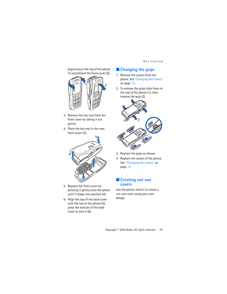 Changing the grips, Creating cut-out covers, Changing the grips creating cut-out covers | Nokia 3220 User Manual | Page 15 / 87