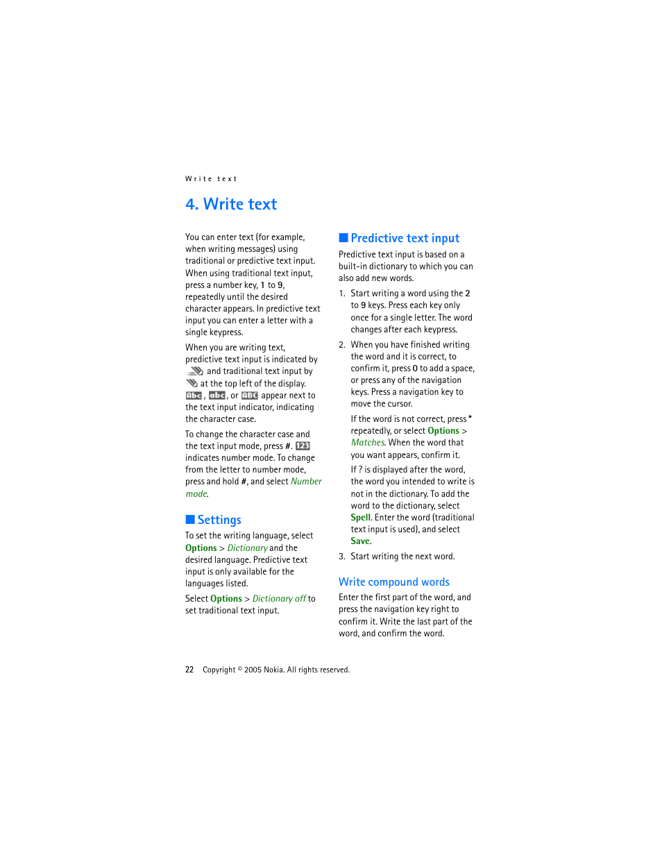 Write text, Settings, Predictive text input | Write compound words, Settings predictive text input | Nokia 3220 User Manual | Page 22 / 87