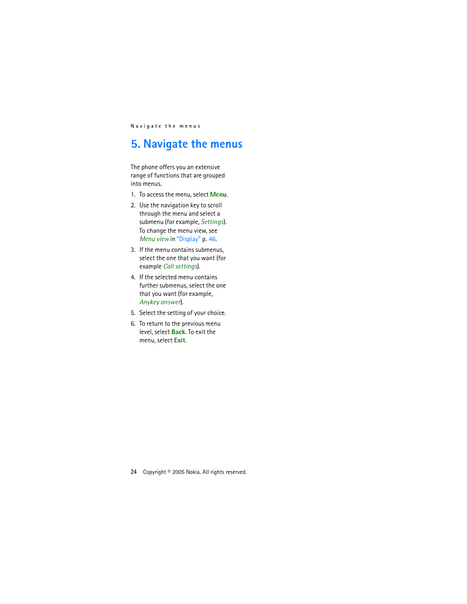 Navigate the menus | Nokia 3220 User Manual | Page 24 / 87