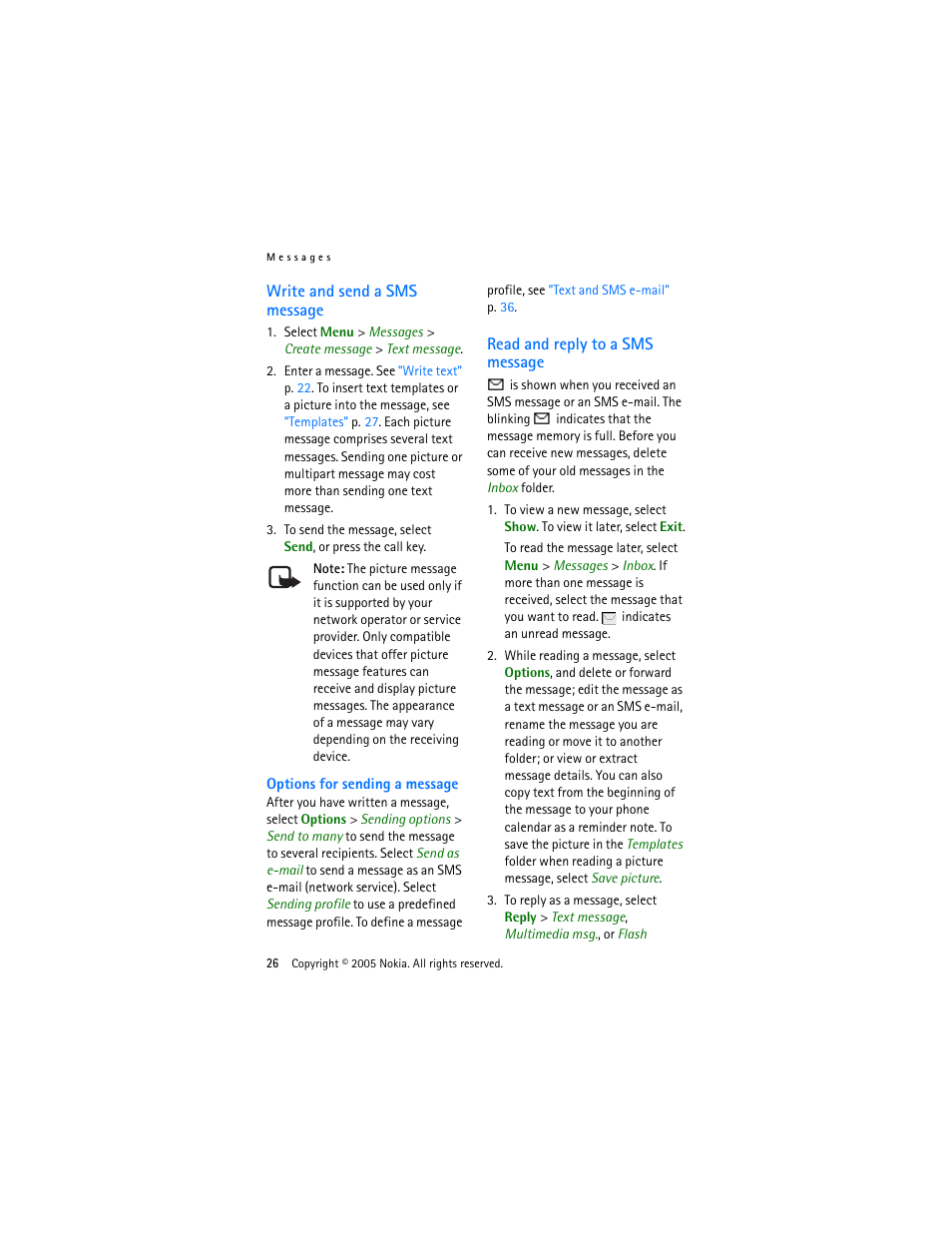 Write and send a sms message, Read and reply to a sms message | Nokia 3220 User Manual | Page 26 / 87