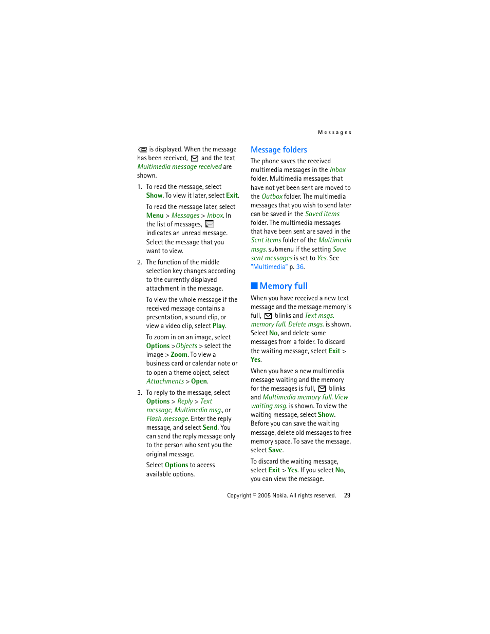 Message folders, Memory full | Nokia 3220 User Manual | Page 29 / 87