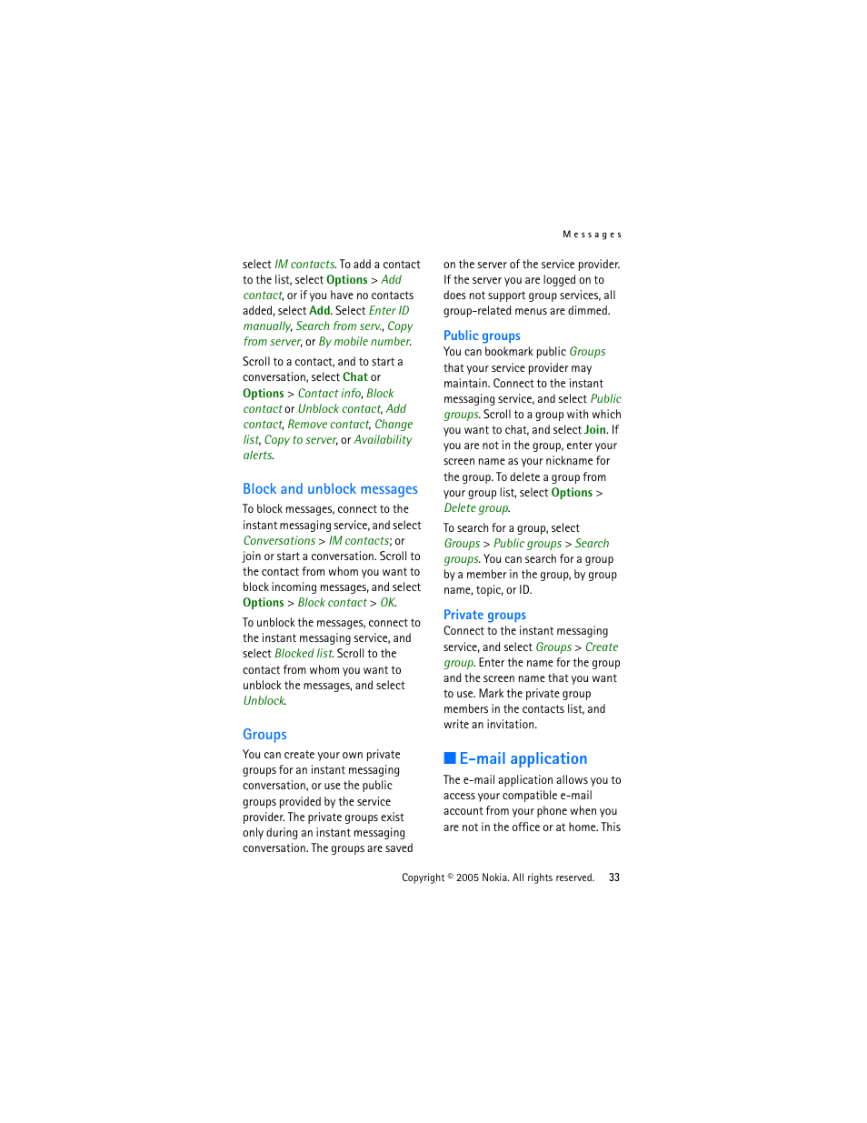 Block and unblock messages, Groups, E-mail application | Block and unblock messages groups, Mail. see, E group, see | Nokia 3220 User Manual | Page 33 / 87