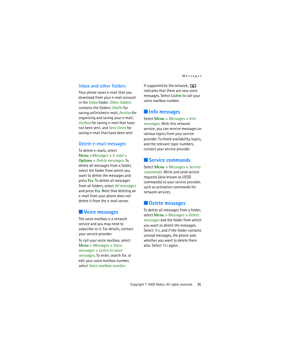 Inbox and other folders, Delete e-mail messages, Voice messages | Info messages, Service commands, Delete messages, Inbox and other folders delete e-mail messages | Nokia 3220 User Manual | Page 35 / 87