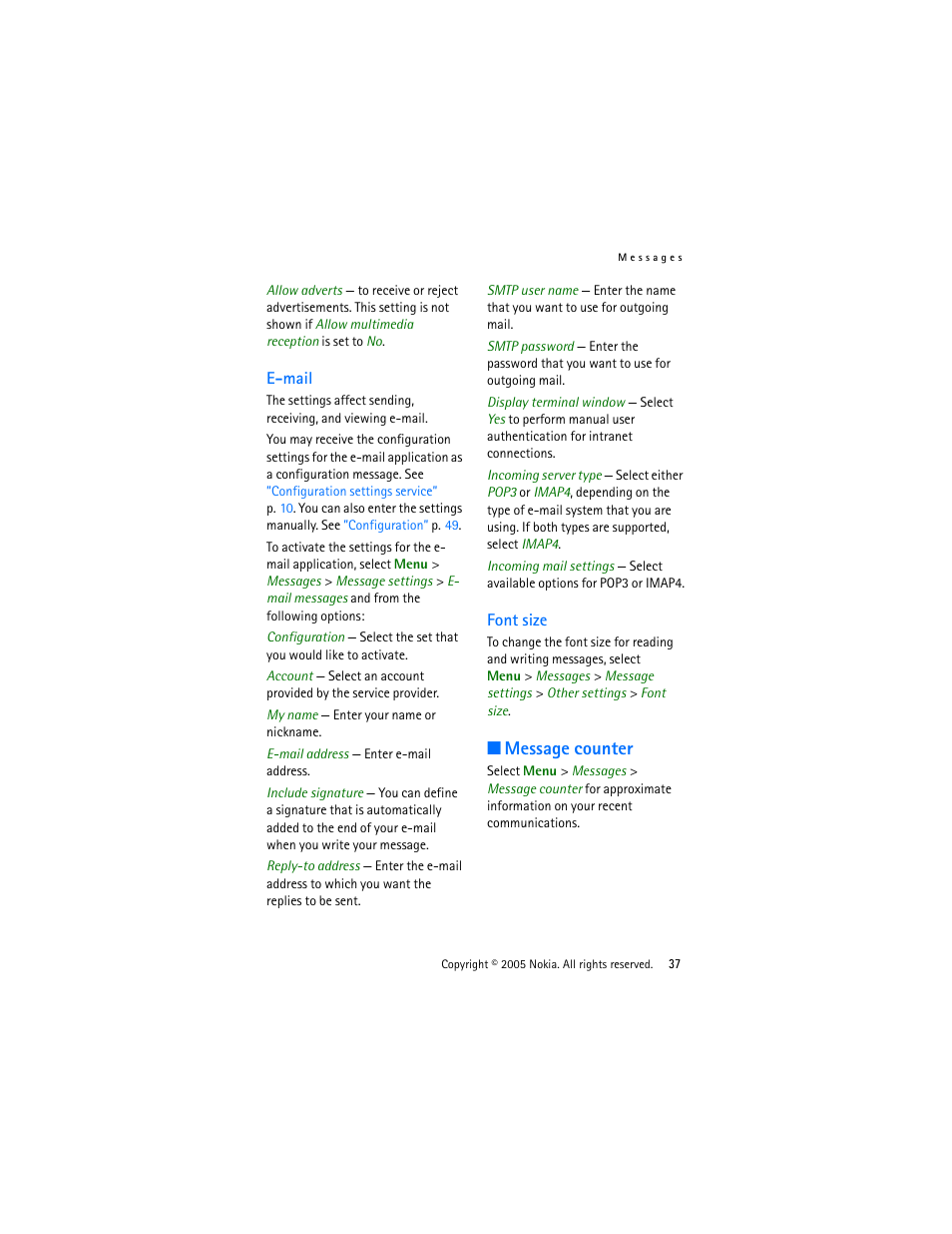 E-mail, Font size, Message counter | E-mail font size | Nokia 3220 User Manual | Page 37 / 87