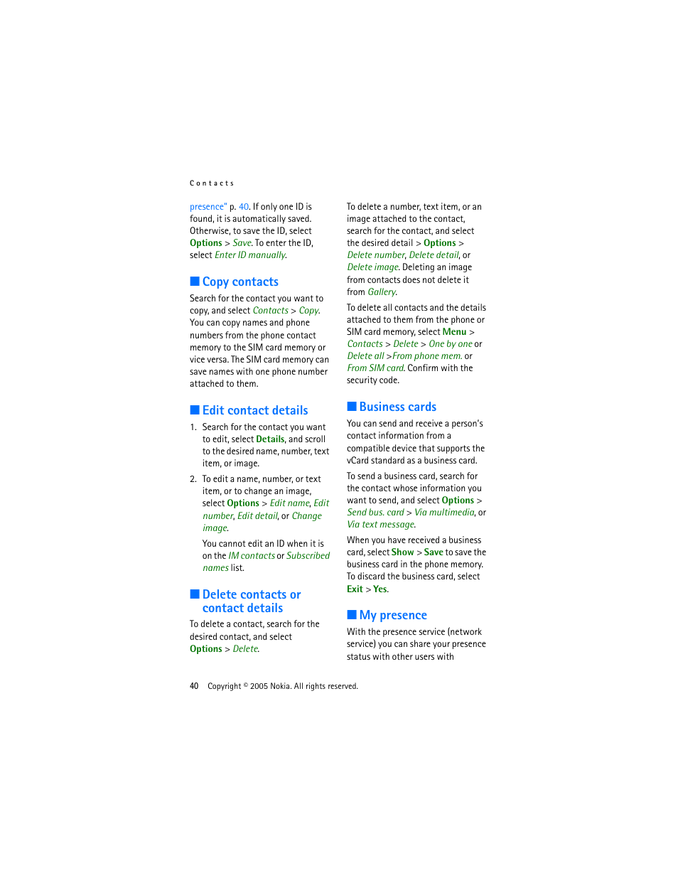 Copy contacts, Edit contact details, Delete contacts or contact details | Business cards, My presence | Nokia 3220 User Manual | Page 40 / 87