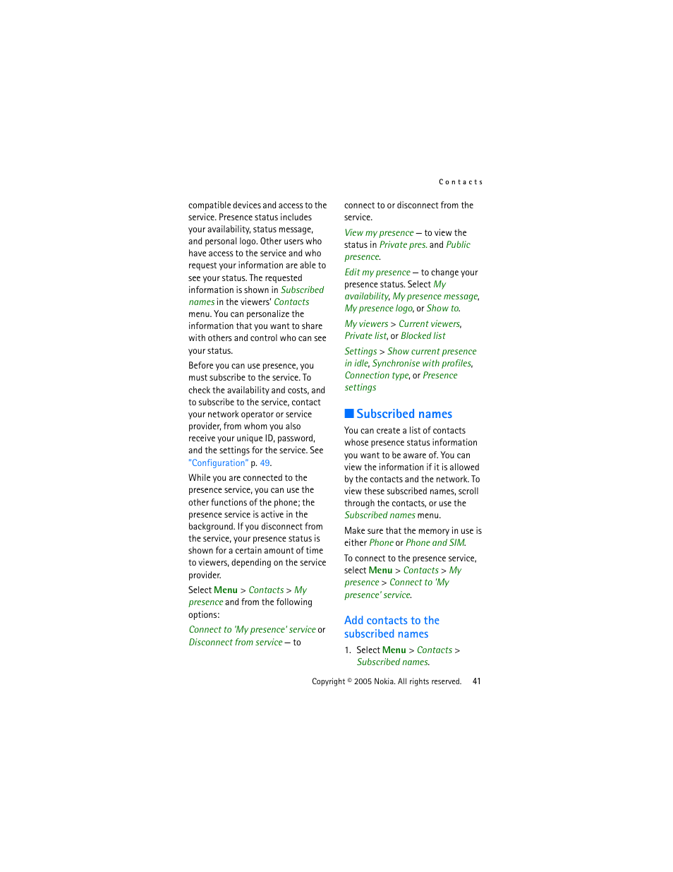 Subscribed names, Add contacts to the subscribed names | Nokia 3220 User Manual | Page 41 / 87