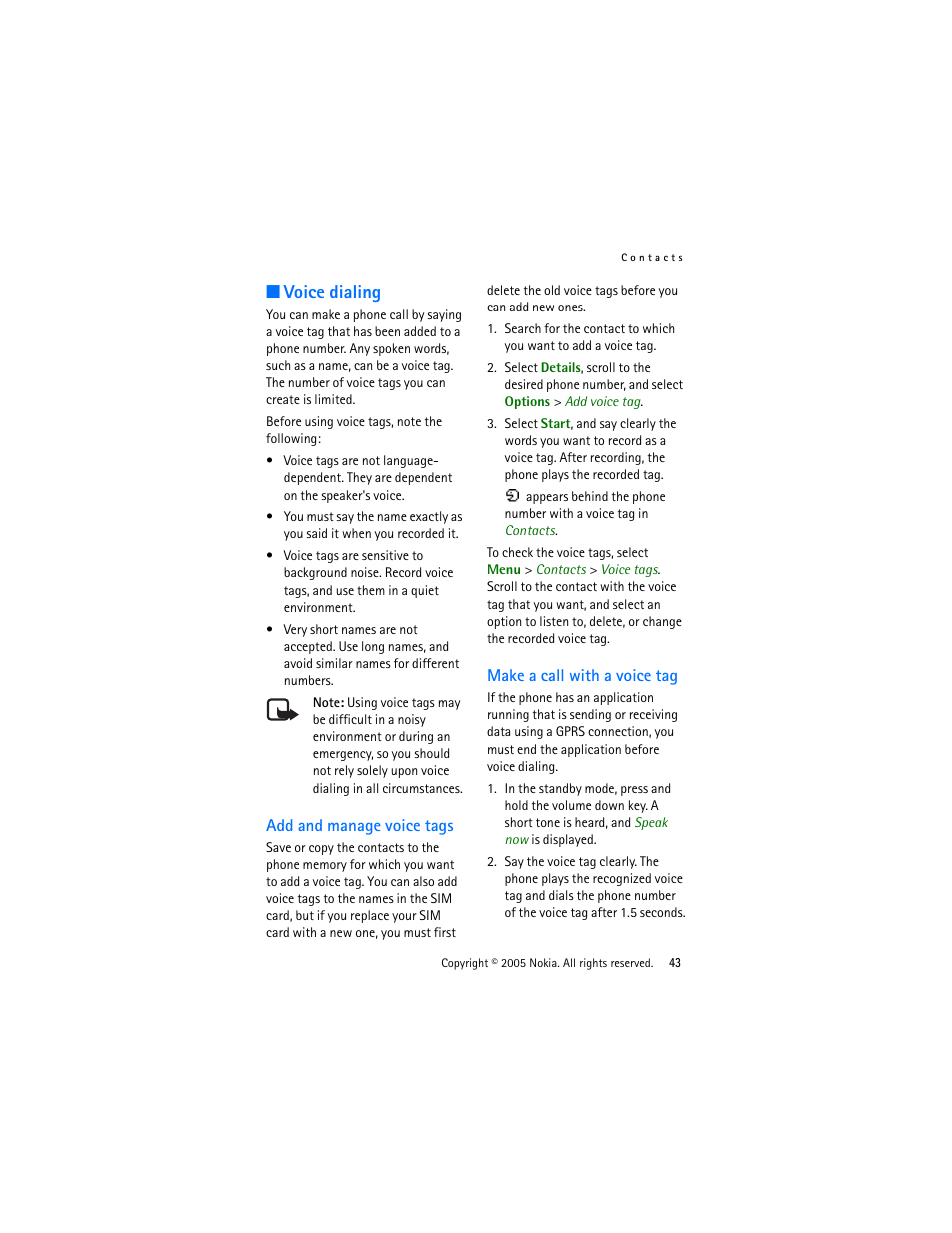 Voice dialing, Add and manage voice tags, Make a call with a voice tag | Nokia 3220 User Manual | Page 43 / 87