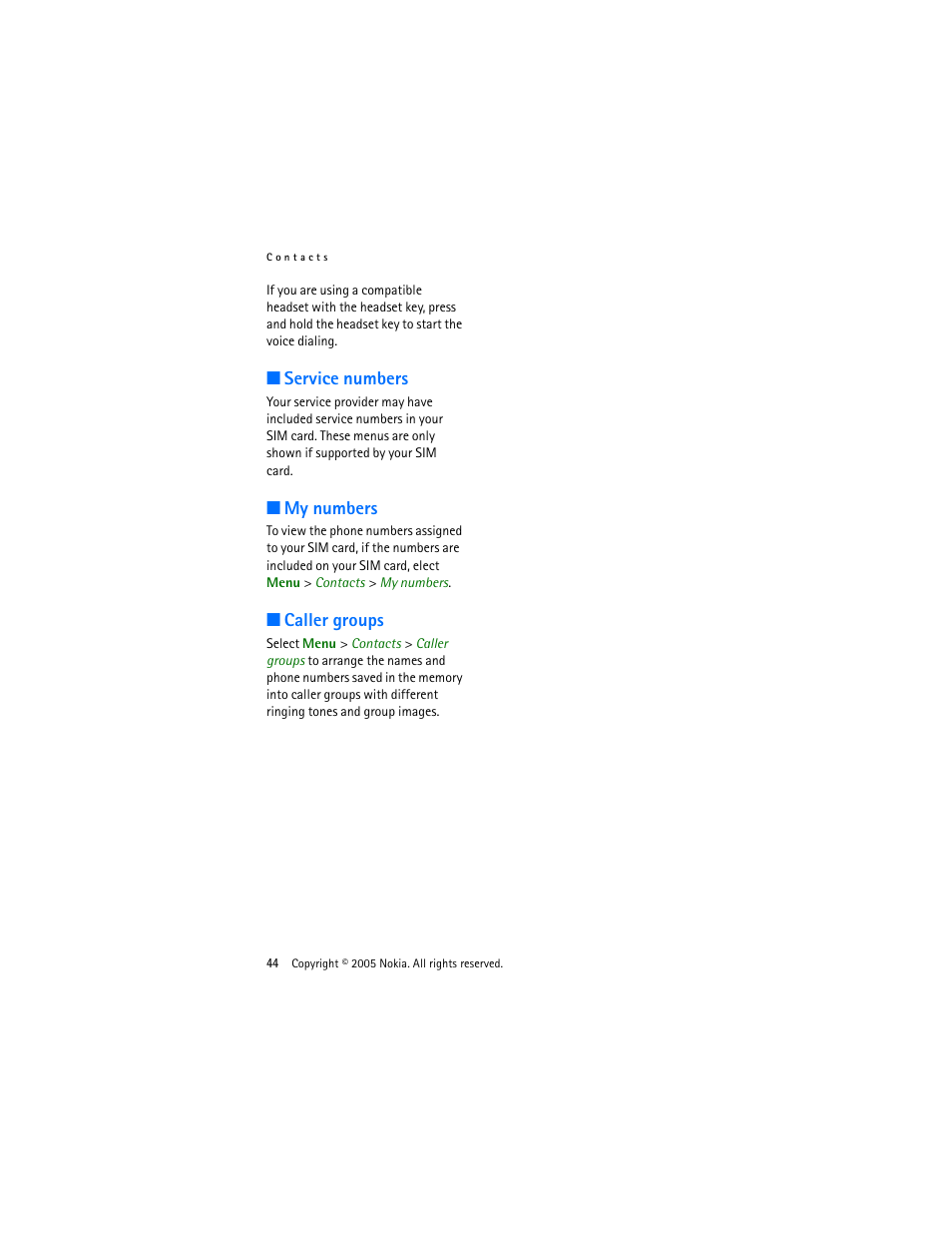 Service numbers, My numbers, Caller groups | Service numbers my numbers caller groups | Nokia 3220 User Manual | Page 44 / 87