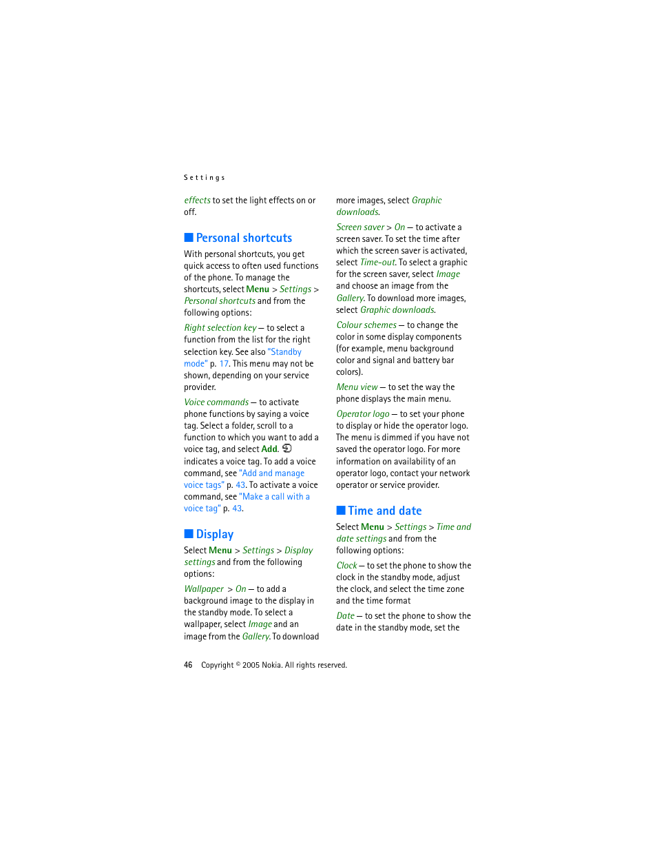 Personal shortcuts, Display, Time and date | Personal shortcuts display time and date, Personal, Shortcuts | Nokia 3220 User Manual | Page 46 / 87