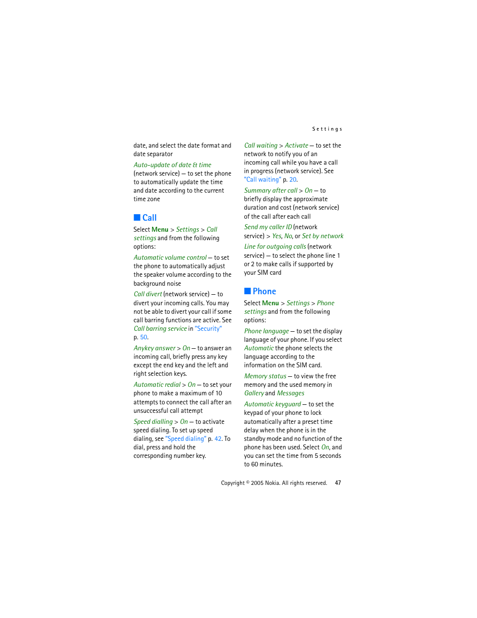 Call, Phone, Call phone | Menu, see | Nokia 3220 User Manual | Page 47 / 87