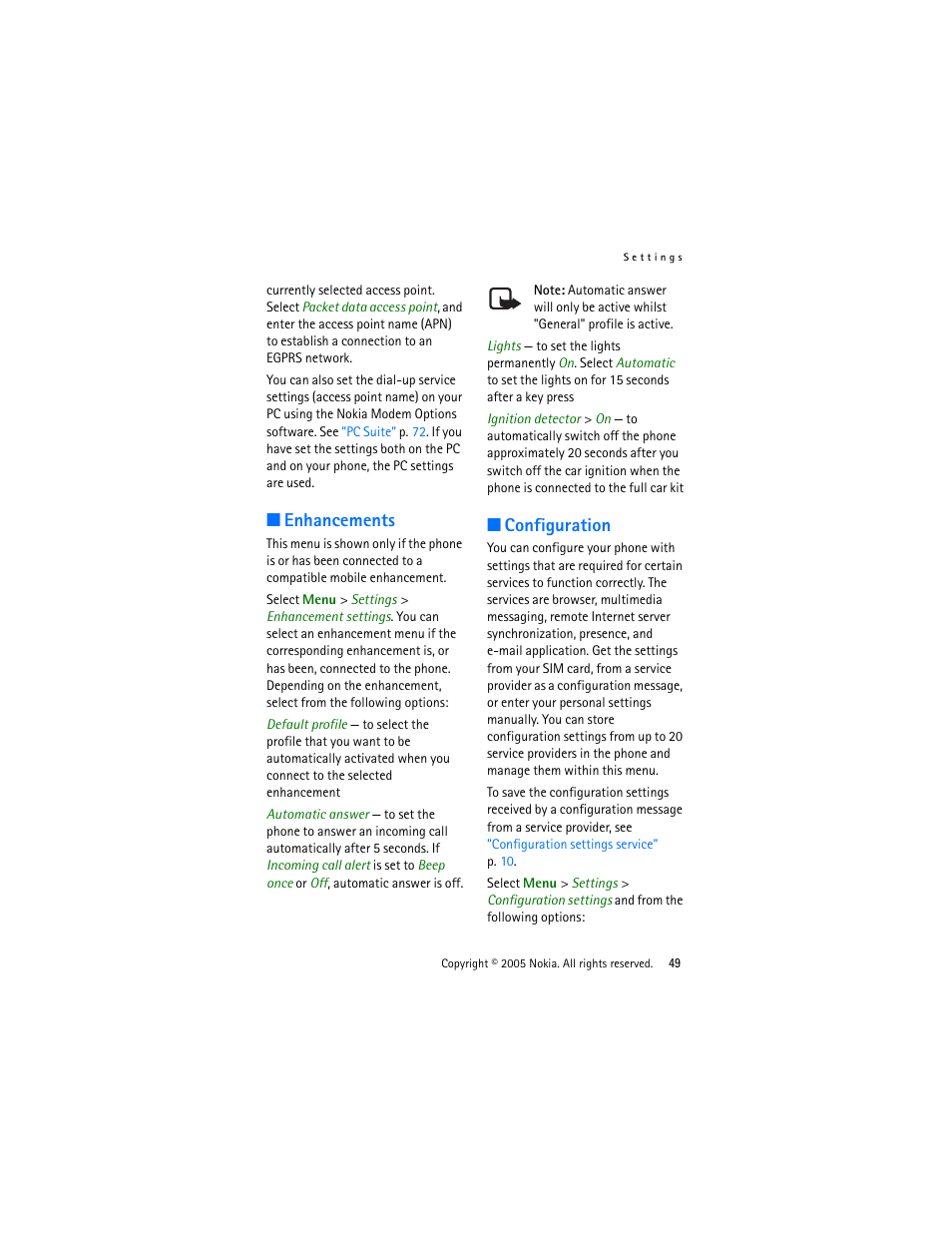 Enhancements, Configuration, Enhancements configuration | Nokia 3220 User Manual | Page 49 / 87