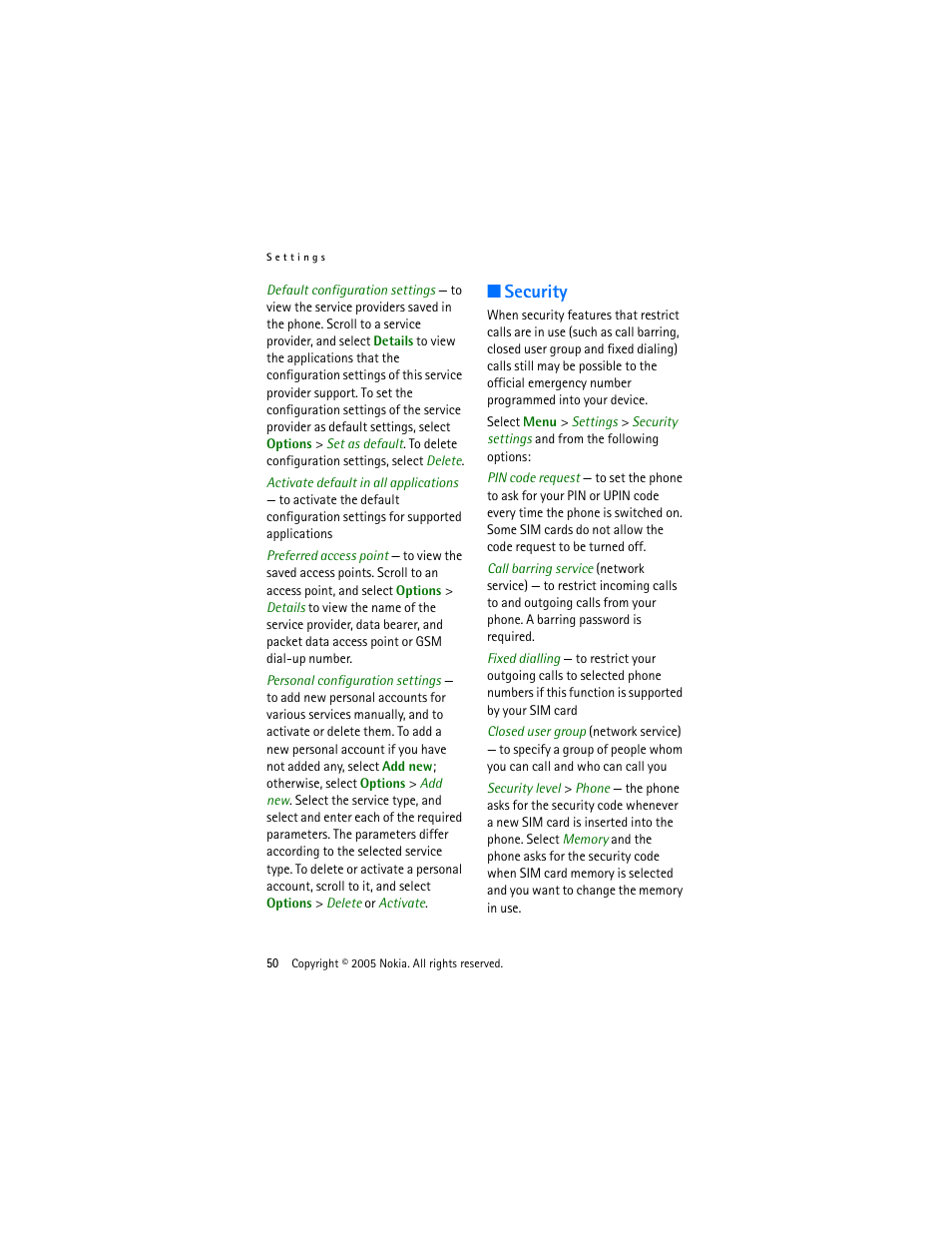 Security, Ized use. see, User group. see | Nokia 3220 User Manual | Page 50 / 87