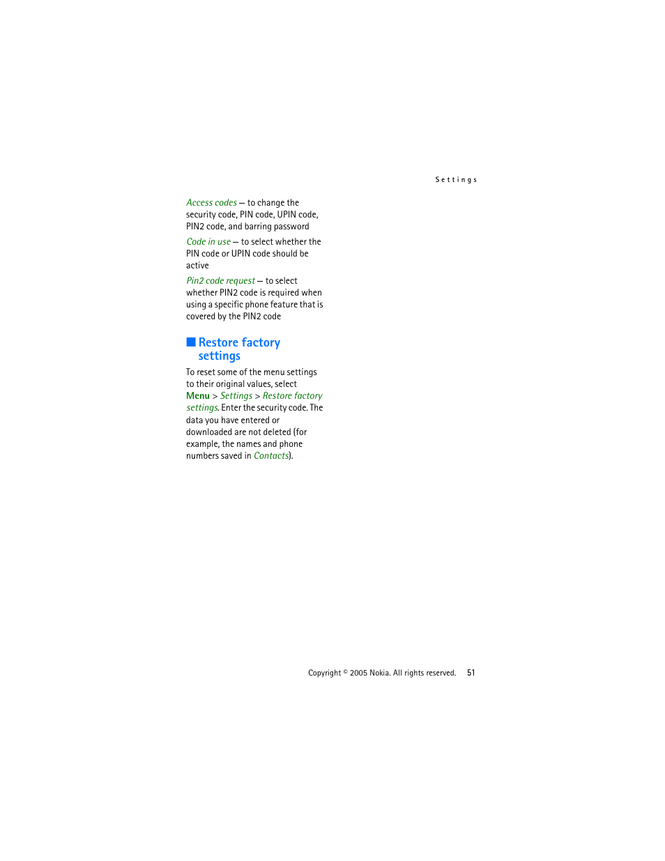 Restore factory settings | Nokia 3220 User Manual | Page 51 / 87
