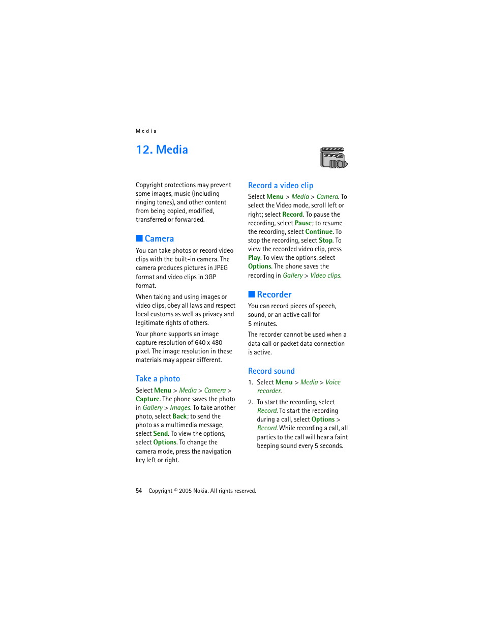 Media, Camera, Take a photo | Record a video clip, Recorder, Record sound, Take a photo record a video clip | Nokia 3220 User Manual | Page 54 / 87