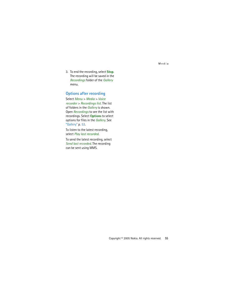 Options after recording | Nokia 3220 User Manual | Page 55 / 87