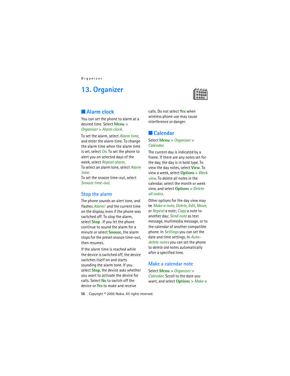 Organizer, Alarm clock, Stop the alarm | Calendar, Make a calendar note | Nokia 3220 User Manual | Page 56 / 87